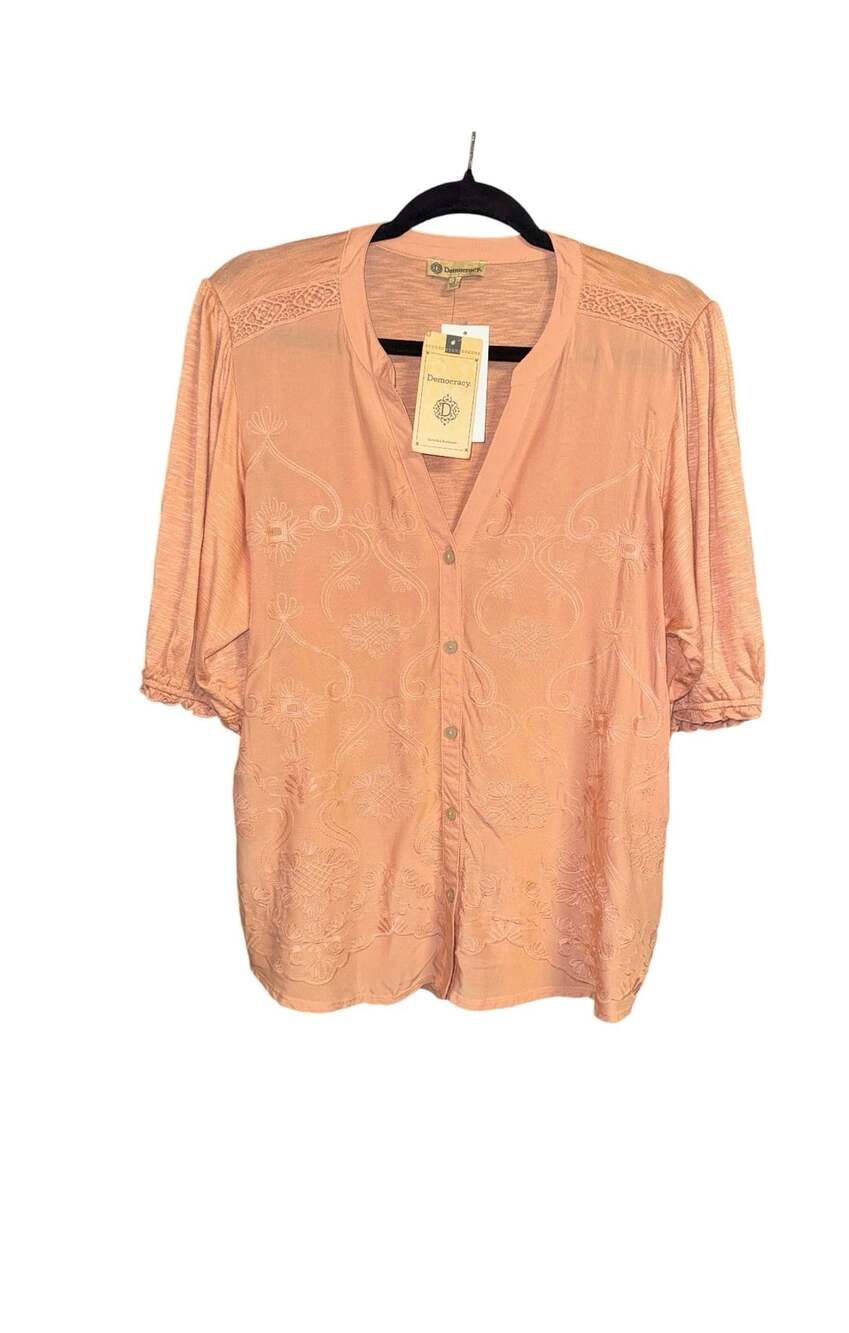 Democracy Button Up V-Neck Blouse Size L Peach Pink Embroidered